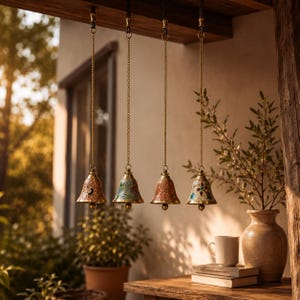 May include: Four hanging brass bells suspended by thin gold-toned chains. Each bell features a unique, intricate enamel pattern in colours including red, green, blue, and orange. The bells are arranged in a horizontal row, each with a small clapper.