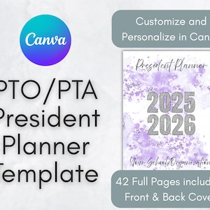 PTO/PTA President Planner Canva Template. Customize all 40 pages in Canva if you choose, or print after editing the cover only.