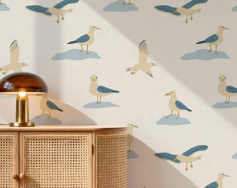 Carta da parati con gabbiani costieri / Murale nautico per bagno o cameretta / Decorazioni per casa al mare blu e crema / Adesiva o tradizionale