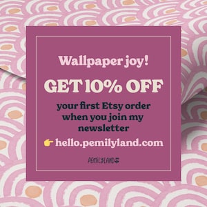 The image is a promotional poster for an Etsy store, featuring a pink and white patterned background and text that announces a 10% discount on the first order when joining the store's newsletter.