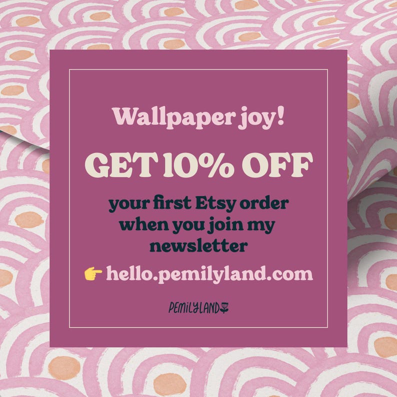 The image is a promotional poster for an Etsy store, featuring a pink and white patterned background and text that announces a 10% discount on the first order when joining the store's newsletter.