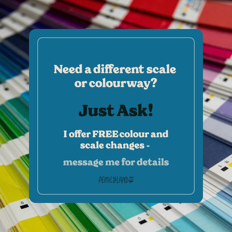 The image is a collage of multiple images, and the text is a promotional message for a free colour and scale change offer. The message encourages viewers to "Just Ask!" and provides details on how to request the offer.