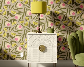 Papel pintado floral de mediados de siglo en gris oliva y rosa / Flores geométricas retro / Mural de pared vintage de los años 50 y 60 (autoadhesivo o tradicional)