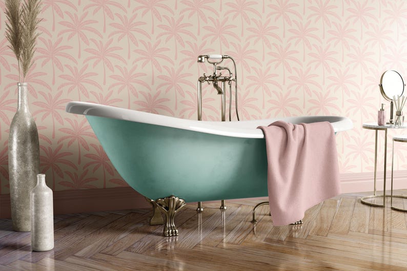 Preppy Pink Palm Tree Wallpaper | Tropical Banana Leaf Wall Decor for Palm Springs Style Bathroom or Bedroom | Peel & Stick or Traditional imagen 2