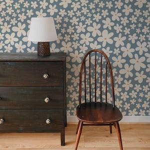 Scandi Daisy Wallpaper | Muted Blue Modern Retro Flowers Wall Mural | Girls Bedroom or Nursery Decor