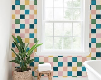 Retro Checkerboard Wallpaper | Colourful Dopamine Decor for Kitchens and Bathrooms in Teal Pink and Blue (Peel & Stick or Paste-the-Wall)