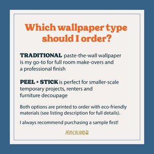 The image is a question and answer guide about which wallpaper type to order, featuring two options: traditional paste-the-wall wallpaper and peel and stick wallpaper.