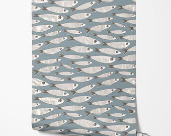 Muted Blue Sardines Vintage Fish Wallpaper | Classic Coastal Bathroom or Seaside Kitchen Wall Mural | Peel & Stick or Traditional