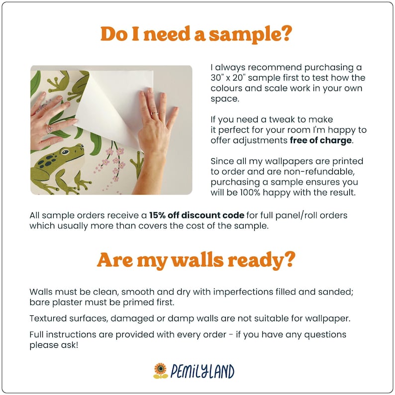 The image is a collage of two images. The first image shows a person's hands placing a sample onto a wall, while the second image displays a close-up of a wall with a sample applied to it.