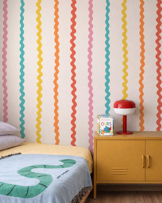 Rainbow Wiggle Stripes Wallpaper | Fresh Colorful Kids Bedroom | Fun Scandi Playroom or Nursery Walls | Peel & Stick or Non-Pasted