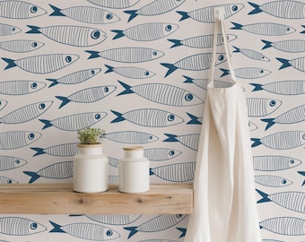 Coastal Sardines Blue & White Wallpaper | Vintage Fish Bathroom or Kitchen Wall Mural