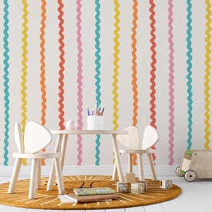 Papel pintado de rayas onduladas arcoíris / Habitación infantil fresca y colorida / Paredes divertidas de estilo escandinavo para sala de juegos o guardería / Autoadhesivo o sin adhesivo imagen 16