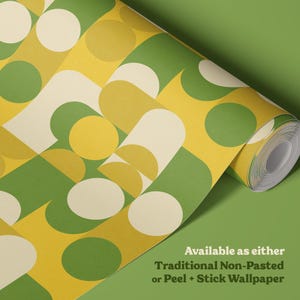 Mid Century Modern Geometric Wallpaper | Retro Bauhaus Style Bold Colorful Olive Green and Yellow Wall Mural | Peel + Stick or Traditional