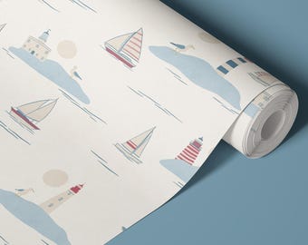 Coastal Nursery Wallpaper | Nautical Sailboats and Lighthouses for Baby Boys Bedrooms | Blue & Cream Kids Seaside Wall Mural
