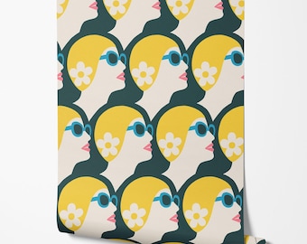 Retro Swimmer Wallpaper | 60s Mid Century Modern Pop Art Women Swimming Print | Vintage Pool Bathroom Decor (Peel and Stick or Traditional)