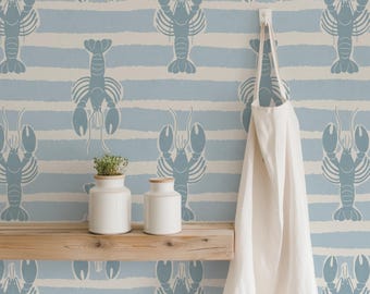 Papel pintado de langosta azul suave: mural náutico costero para la decoración de la cocina, el baño o la casa de playa.