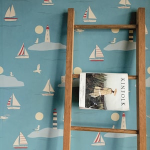 Sailboats and Lighthouses Nautical Wallpaper | Coastal Seaside Blue & Cream Kids Bedroom Nursery | Peel and Stick or Traditional Wall Mural