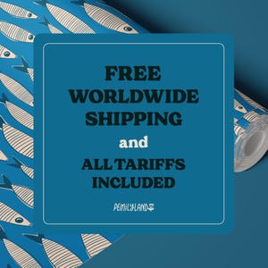 a blue background with a white text box containing the text "FREE WORLDWIDE SHIPPING AND ALL TARIFFS INCLUDED" and a logo for "PENNYLAND".