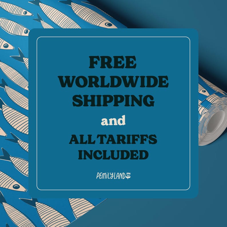 a blue background with a white text box containing the text "FREE WORLDWIDE SHIPPING AND ALL TARIFFS INCLUDED" and a logo for "PENNYLAND".