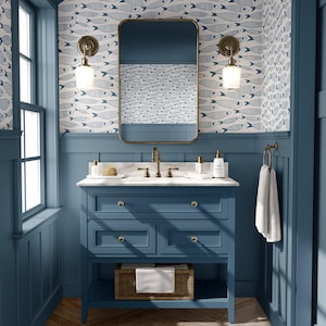 Coastal Sardines Blue & White Wallpaper | Vintage Fish Bathroom or Kitchen Wall Mural image 6