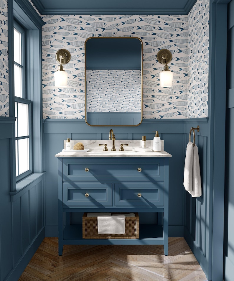 Coastal Sardines Blue & White Wallpaper | Vintage Fish Bathroom or Kitchen Wall Mural image 6
