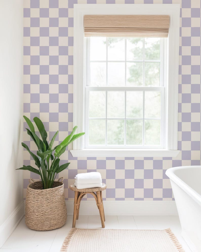 Retro Checkerboard Wallpaper in Lilac and White | Trending Decor for Kitchens Bedrooms and Bathrooms (Peel & Stick or Traditional) image 2
