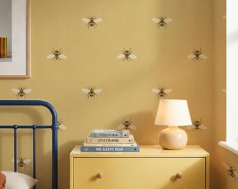 Bees Wallpaper | Simple Hand Drawn Insects in Yellow or Soft Blue | Gender Neutral Nursery or Cottage Walls | Peel & Stick or Traditional