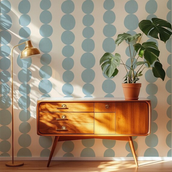 Blue Retro Scandi Wallpaper | Large Scale Mid Century Organic Shapes | Kids Room or Hallway Walls | Peel & Stick or Traditional