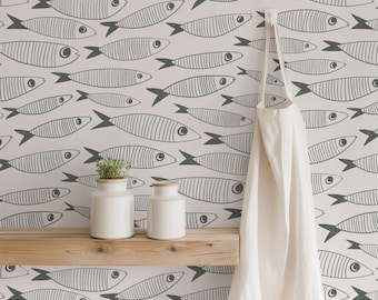 Coastal Sardines Muted Black & White Wallpaper | Vintage Fish Bathroom or Kitchen Wall Mural | Peel and Stick or Paste-the-Wall