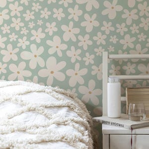 Scandi Floral Daisy Wallpaper | Sage Green Modern Retro Flowers Wall Mural | Girls Room or Nursery Decor