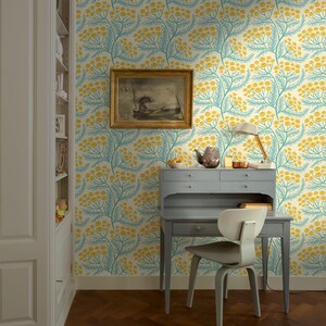 Tansy Cottagecore Block Print Floral Wallpaper | Colourful Blue and Yellow Wildflower Wall Mural | Peel & Stick or Traditional Wallpaper imagen 6