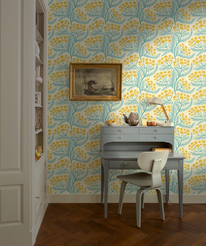 Tansy Cottagecore Block Print Floral Wallpaper | Colourful Blue and Yellow Wildflower Wall Mural | Peel & Stick or Traditional Wallpaper imagen 6