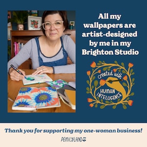 The image is a collage featuring a woman sitting at a desk, surrounded by various art supplies, and a logo for Brighton Studio. The text in the image reads: "All my wallpapers are artist-designed by me in my Brighton Studio", "Created with HUMAN intelligence", and "Thank you for supporting my one-woman business!".