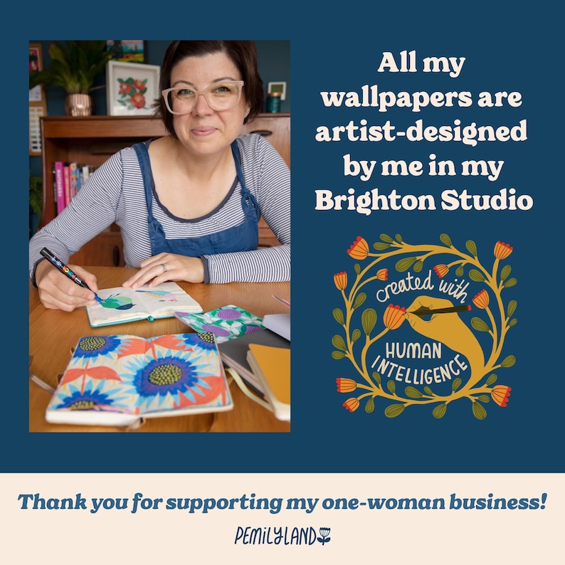The image is a collage featuring a woman sitting at a desk, surrounded by various art supplies, and a logo for Brighton Studio. The text in the image reads: "All my wallpapers are artist-designed by me in my Brighton Studio", "Created with HUMAN intelligence", and "Thank you for supporting my one-woman business!".