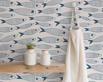 Coastal Sardines Blue & White Wallpaper | Vintage Fish Bathroom or Kitchen Wall Mural