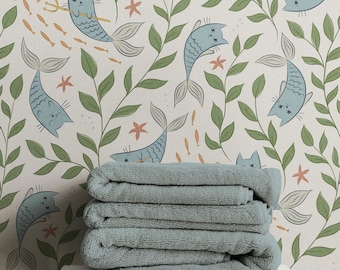 Papel pintado de sirena con gatos en tonos azul suave y crema / Mural de pared con temática costera para baño o habitación infantil (autoadhesivo o sin adhesivo)