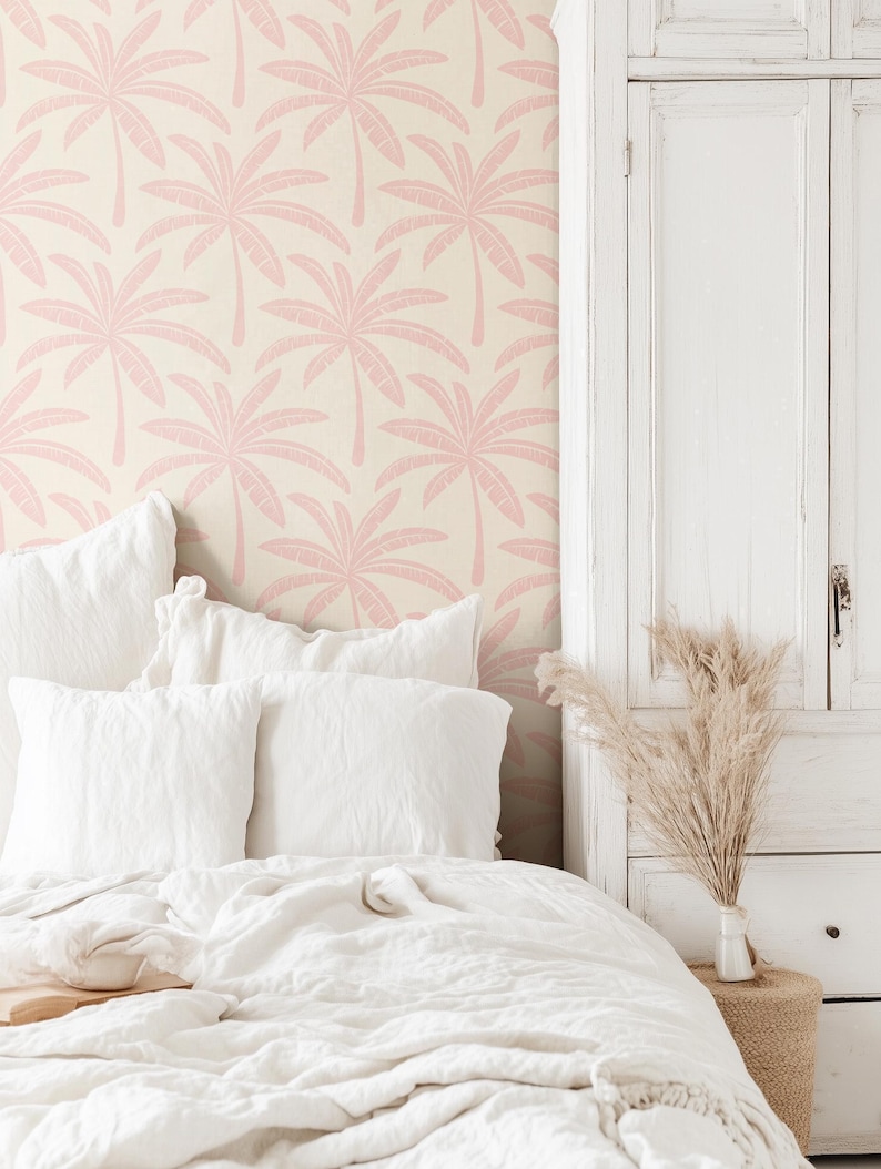 Preppy Pink Palm Tree Wallpaper | Tropical Banana Leaf Wall Decor for Palm Springs Style Bathroom or Bedroom | Peel & Stick or Traditional imagen 3