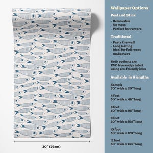 Coastal Sardines Blue & White Wallpaper | Vintage Fish Bathroom or Kitchen Wall Mural image 7