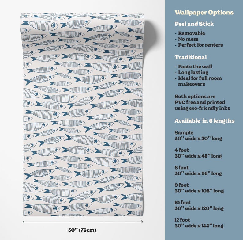 Coastal Sardines Blue & White Wallpaper | Vintage Fish Bathroom or Kitchen Wall Mural image 7