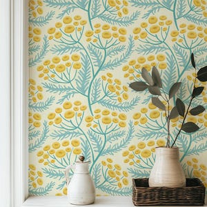 Tansy Cottagecore Block Print Floral Wallpaper | Colourful Blue and Yellow Wildflower Wall Mural | Peel & Stick or Traditional Wallpaper imagen 4