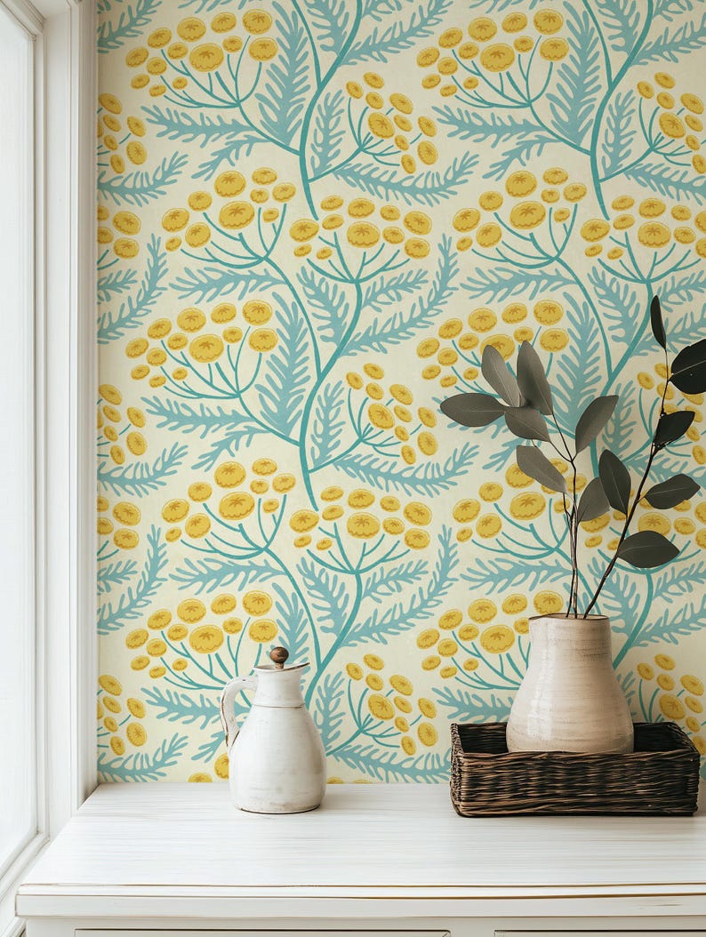 Tansy Cottagecore Block Print Floral Wallpaper | Colourful Blue and Yellow Wildflower Wall Mural | Peel & Stick or Traditional Wallpaper imagen 4