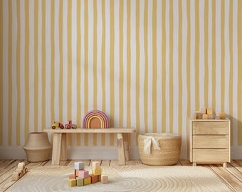 Sunshine Yellow Organic Wobbly Stripes Wallpaper | Soft Ochre and Cream Painterly Striped Baby Nursery Walls