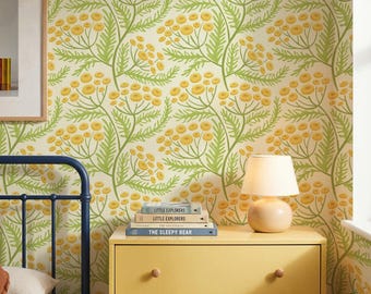 Tansy Cottagecore Block Print Floral Wallpaper | Colourful Green and Yellow Wildflower Wall Mural | Peel & Stick or Traditional