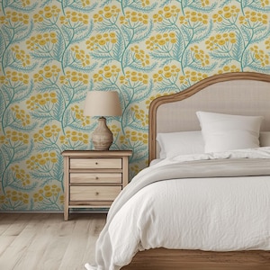 Tansy Cottagecore Block Print Floral Wallpaper | Colourful Blue and Yellow Wildflower Wall Mural | Peel & Stick or Traditional Wallpaper imagen 17