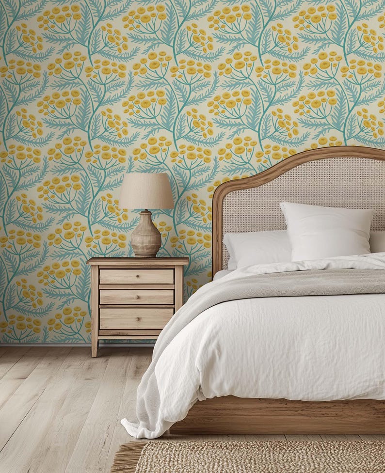 Tansy Cottagecore Block Print Floral Wallpaper | Colourful Blue and Yellow Wildflower Wall Mural | Peel & Stick or Traditional Wallpaper imagen 17