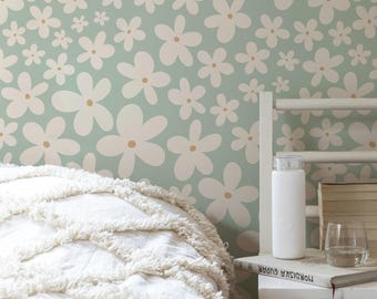 Papel pintado de margaritas florales escandinavas / Mural de pared de flores retro moderno en verde salvia / Decoración para habitación de niña o guardería