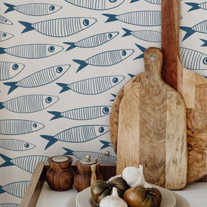 Coastal Sardines Blue & White Wallpaper | Vintage Fish Bathroom or Kitchen Wall Mural image 5