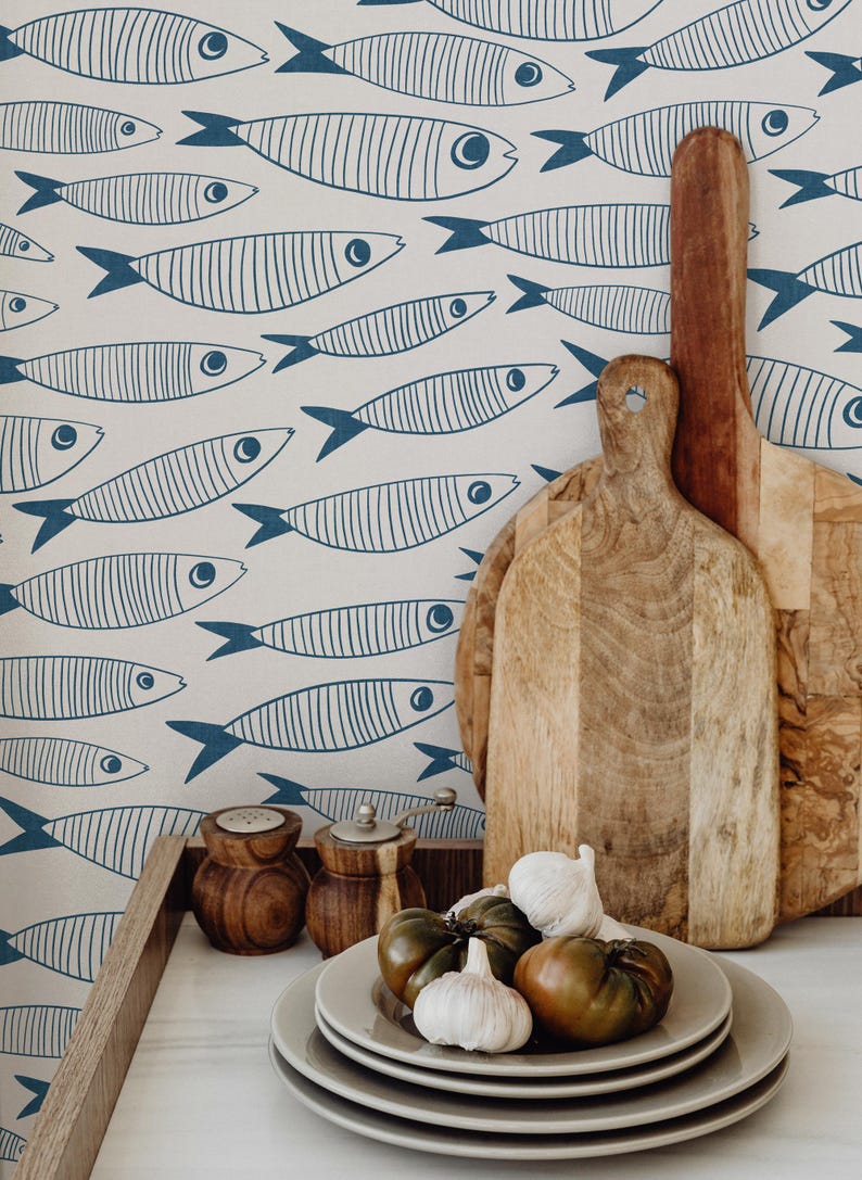 Coastal Sardines Blue & White Wallpaper | Vintage Fish Bathroom or Kitchen Wall Mural image 5
