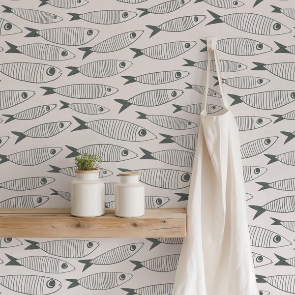 Coastal Sardines Muted Black & White Wallpaper | Vintage Fish Bathroom or Kitchen Wall Mural | Peel and Stick or Paste-the-Wall
