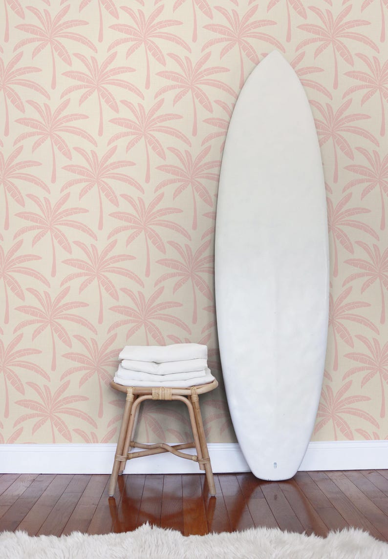 Preppy Pink Palm Tree Wallpaper | Tropical Banana Leaf Wall Decor for Palm Springs Style Bathroom or Bedroom | Peel & Stick or Traditional imagen 7